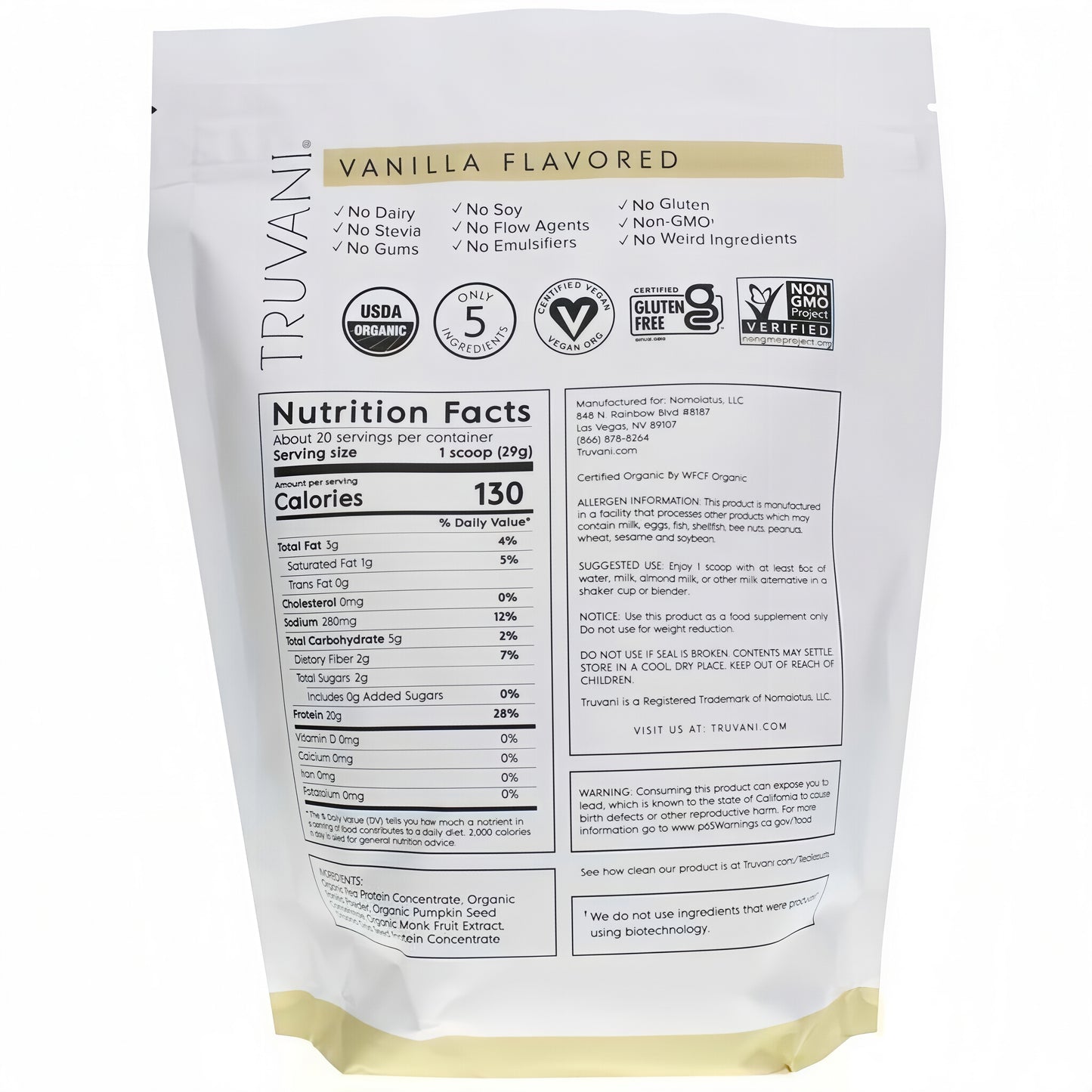 Truvani Organic Plant Based Protein Powder 20 Servings